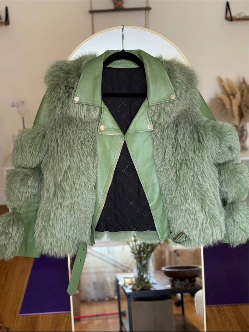 Local European Sage Green Real Fur Jacket with genuine Leather